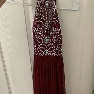 floor length burgundy beaded dress